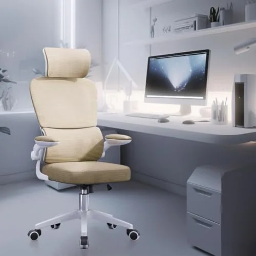 Cadeira de escritório, design ergonômico com suporte lombar independente, malha respirável e encosto de cabeça ajustável（Amarelo）