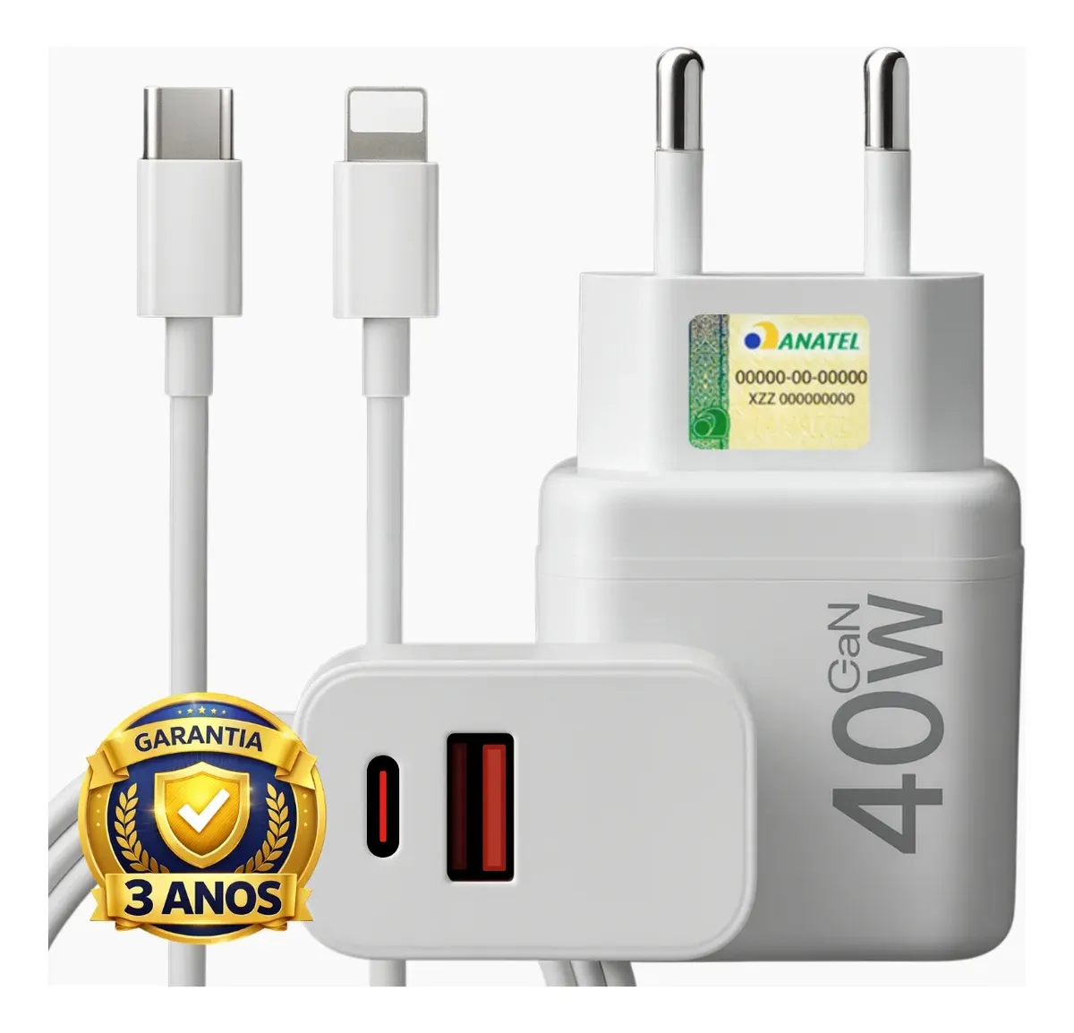 Carregador Turbo 40w Compativel Com iPhone 8 X Xr 11 12 13 14 Pro Max Usb Tipo C Duplo Branco