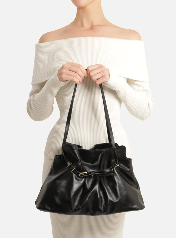 Bolsa Shopping Preta Couro Grande Tira Fivela