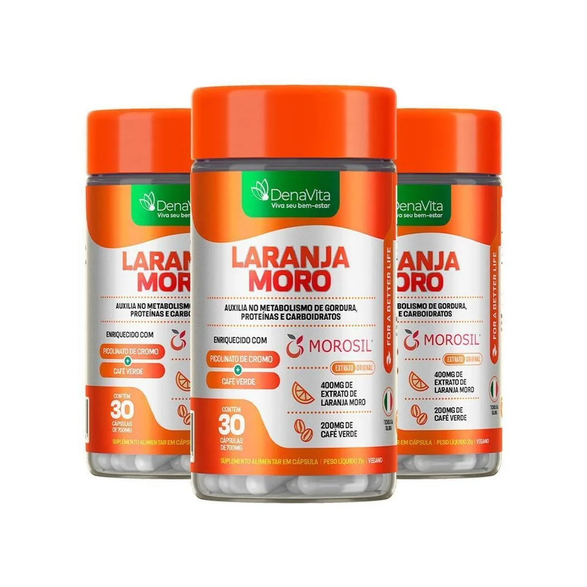 Kit 2x Pote de Extrato de Laranja Moro Cromo Café Verde 3x1 Vegano Denavita