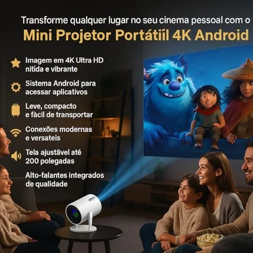 Mini Projetor Portátil 5G Wi-Fi 6 Bluetooth 5.0 Android 11 4K 1080P Full HD 8000 Lumens LED Auto Correção Trapezoidal Horizontal Rotação 180° Ideal para Projeções Cinemáticas