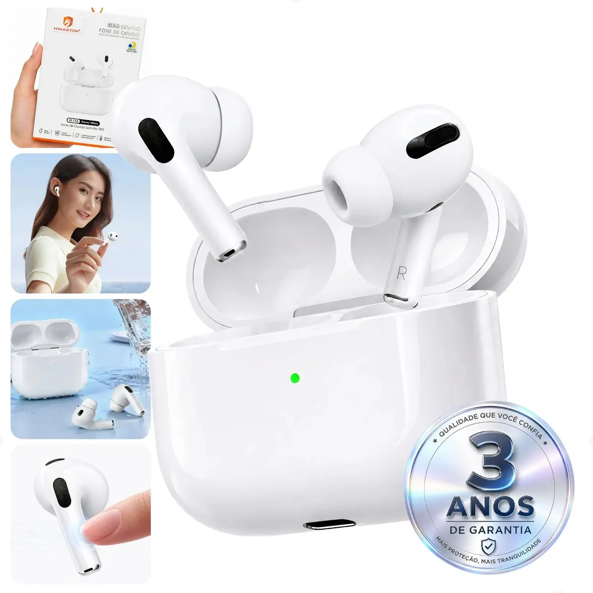 Fone Bluetooth 5.3 Tws Sem Fio Anti Ruido A Prova Dagua Compatível iPhone 7 8 X Xr 11 12 13 14 15 16 17 Xs Pro Max Plus... Branco Premium