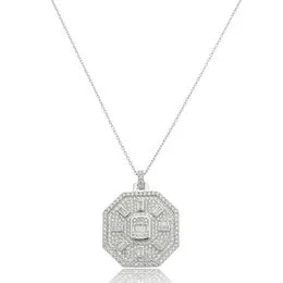 Gargantilha de Prata Malha Cadeado 45cm Mandala Octagonal Trabalhada com Zircônias - GG25963