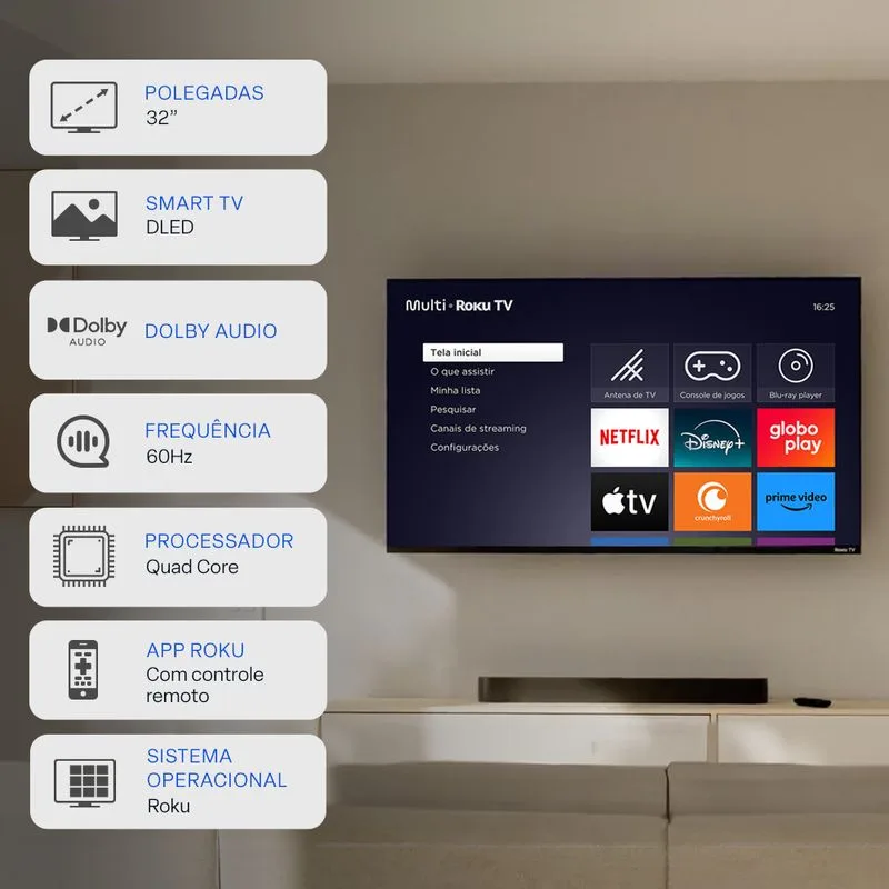 Smart TV DLED 32 HD Multi Essencial Roku 3HDMI 2USB Wi-Fi