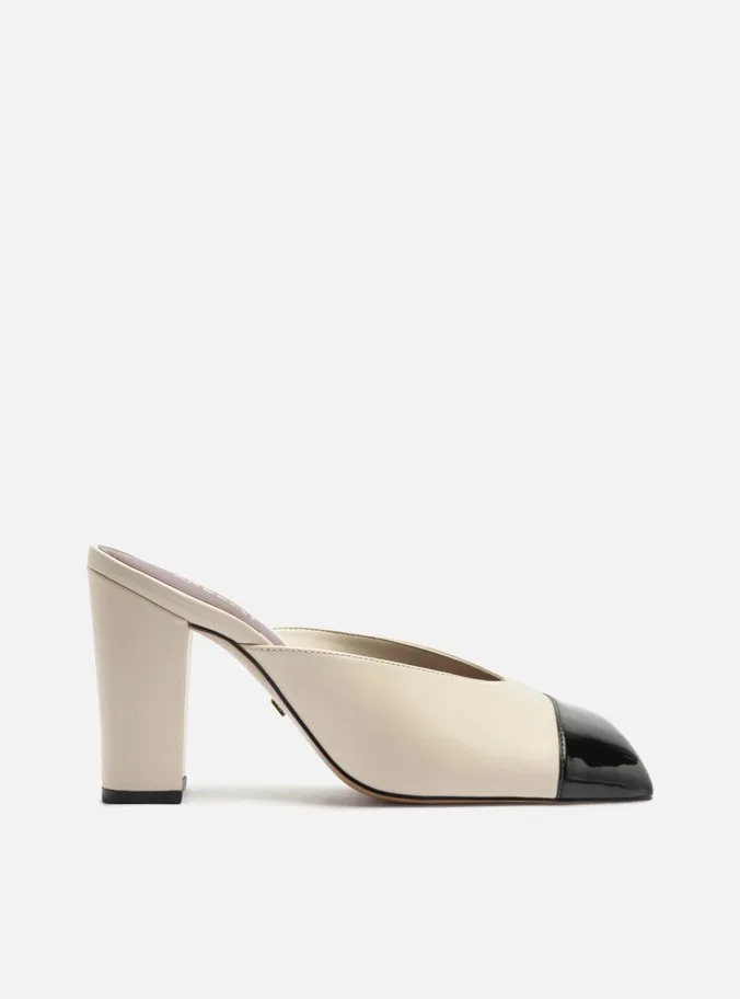 Mule Off-White Salto Bloco Cap Toe Preto