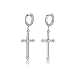 Brinco de Prata Argola Redonda com Pendulo de Cruz Cravejada com Zircônias - BR25939