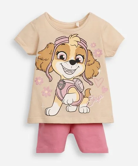 conjunto curto infantil de algodão patrulha canina bege