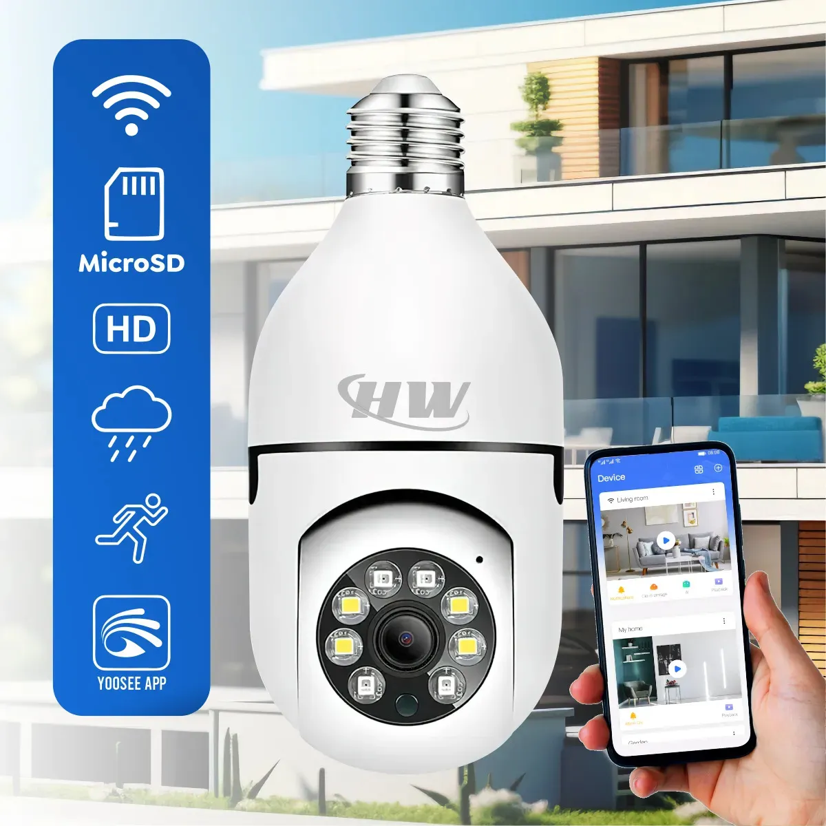 Câmera de Segurança IP Wi-Fi Lâmpada E27 HW 360° Full HD com Visão Noturna e Áudio - HW