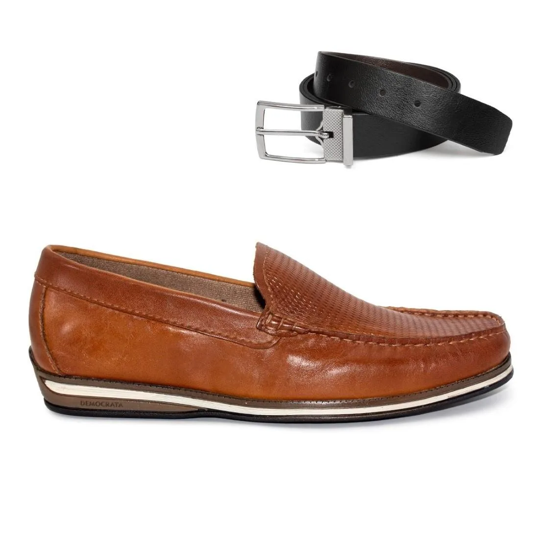 Mocassim De Couro Democrata Easy Ted 135201+Cinto Masculino Dupla Face