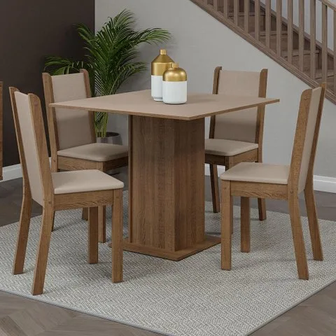 Conjunto Sala de Jantar Mesa Tampo de Madeira 4 Cadeiras Rustic/crema/sintético Bege Briana Madesa