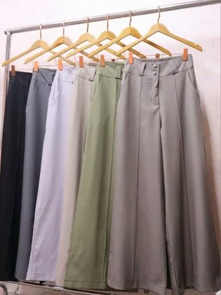 Modas Domi Calça Feminina Plus Size Luis Twill Pantalona Wide Leg Moda Elegante Outono LT8406