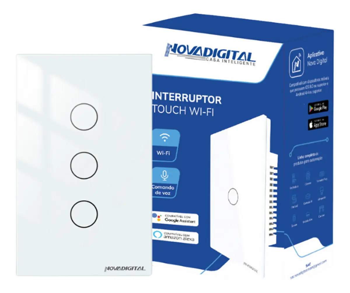 Interruptor Inteligente Wifi Novadigital 2 Teclas Botões Touch Tuya Smart Life Alexa Google 110V 220V Bivolt Branco LITE-WS2-W