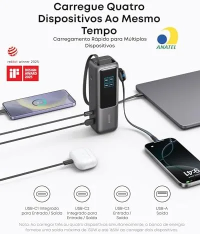 Anker Laptop Power Bank, 25.000mAh Carregador Portátil para Notebook,3-Portas 165W USB-C,Cabos Retráteis Integrados, Aprovado para Viagens Aéreas,Compatível com iPhone 17/16/15,Samsung,Xiaomi e Mais