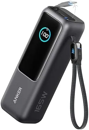 Anker Laptop Power Bank, 25.000mAh Carregador Portátil para Notebook,3-Portas 165W USB-C,Cabos Retráteis Integrados, Aprovado para Viagens Aéreas,Compatível com iPhone 17/16/15,Samsung,Xiaomi e Mais