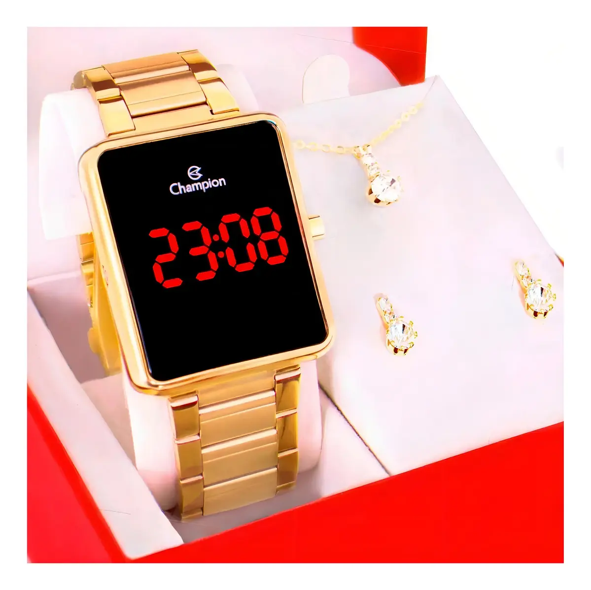 Kit Relógio Champion Digital Dourado Feminino Com Colar E Brincos Em Aço Led Vermelho 2