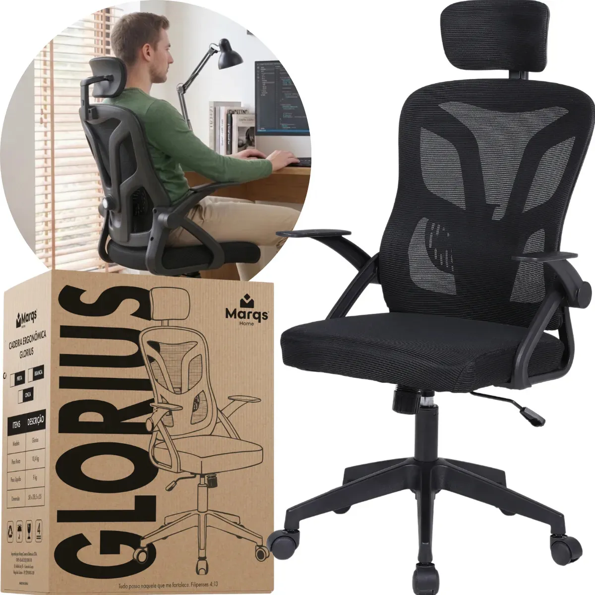 Cadeira De Escritório Ergonômica Glorius Marqs Home Giratória Preta Com Mesh Preto