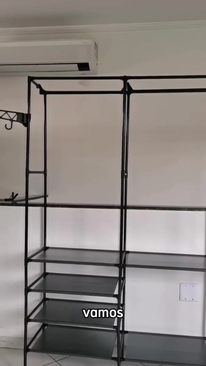 Guarda Roupa Cabideiro Organizador Closet Aberto Desmontavel Arara Divisórias 10 Prateleiras Aço Resistente Preto Irsina