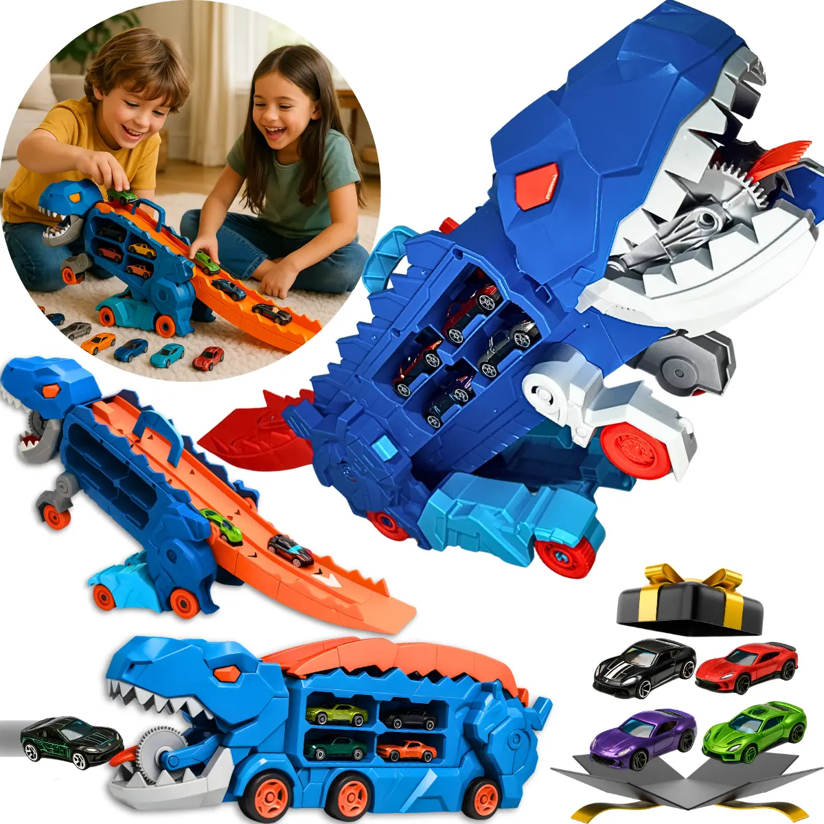 Caminhão Dinossauro Zornix Com Pista E Lançador De Carrinhos Azul