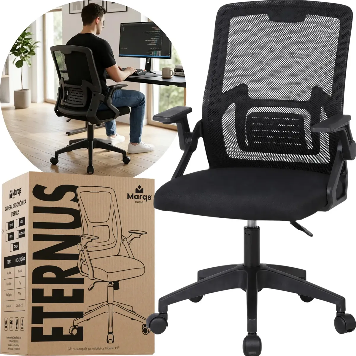 Cadeira De Escritorio Ergonomica Nr17 Marqs Home Giratoria Resistente Reforçada 180kg Confortavel Reuniao Preto