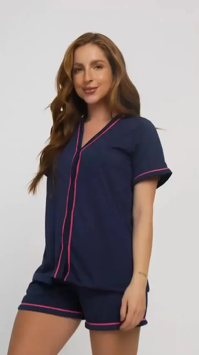 Pijama Americano Blogueirinha Short Blusa Botões Amamentação
