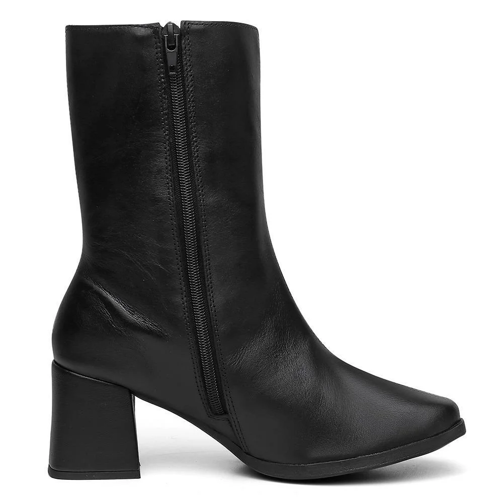 Bota Feminina Couro Cano Médio Salto Grosso Bico Quadrado Preto