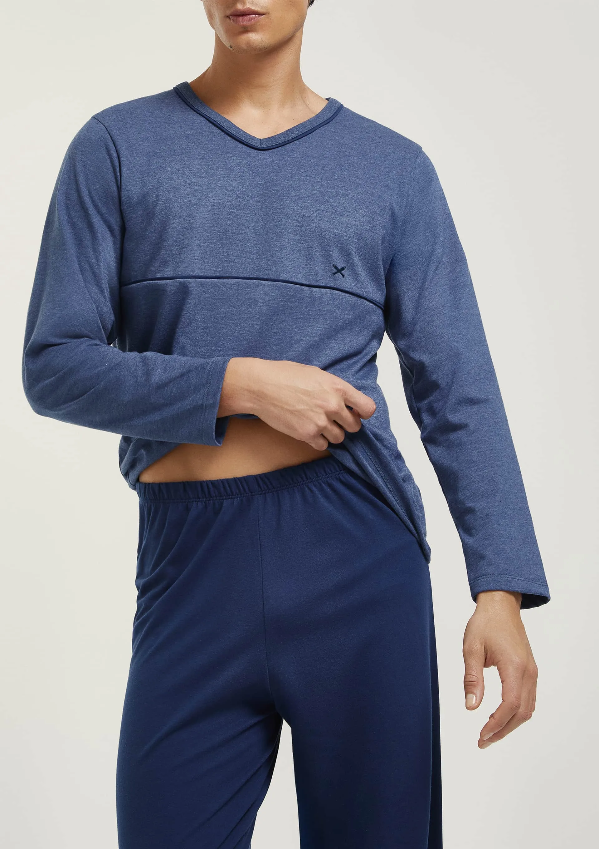Pijama Longo Masculino Em Tricô Leve - Azul