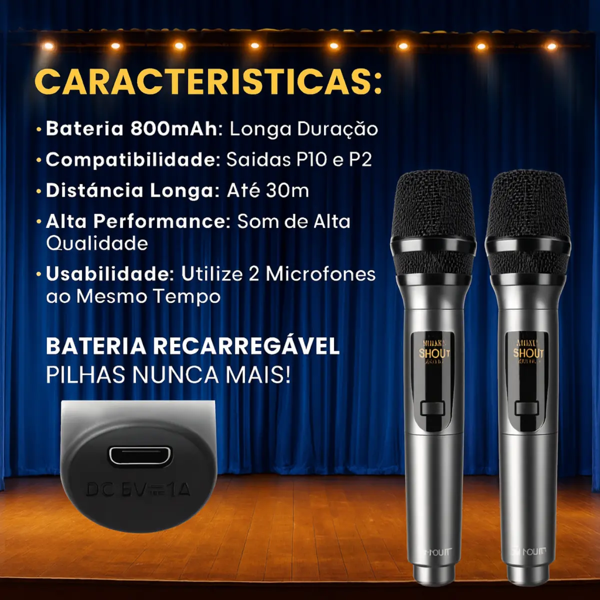 Kit 2 Microfones Sem Fio Recarregável Uhf Led Karaokê Shows