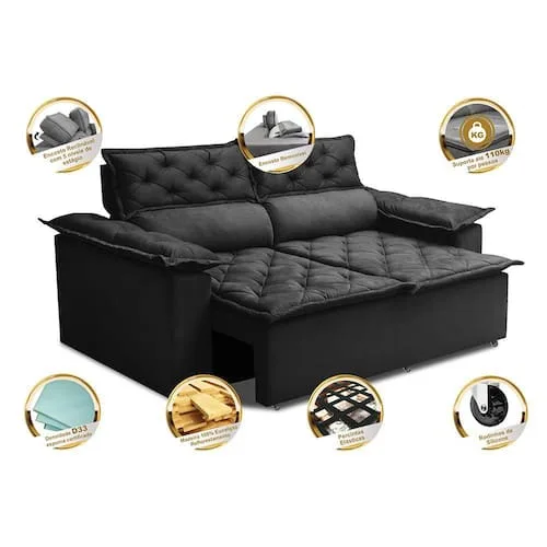 Sofá 3 Lugares Retrátil e Reclinável Cama inBox Compact 1,80m Velusoft Preto - Preto
