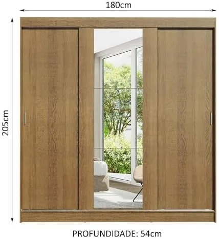 Guarda-Roupa Casal Madesa Reno 3 Portas de Correr com Espelho Rustic