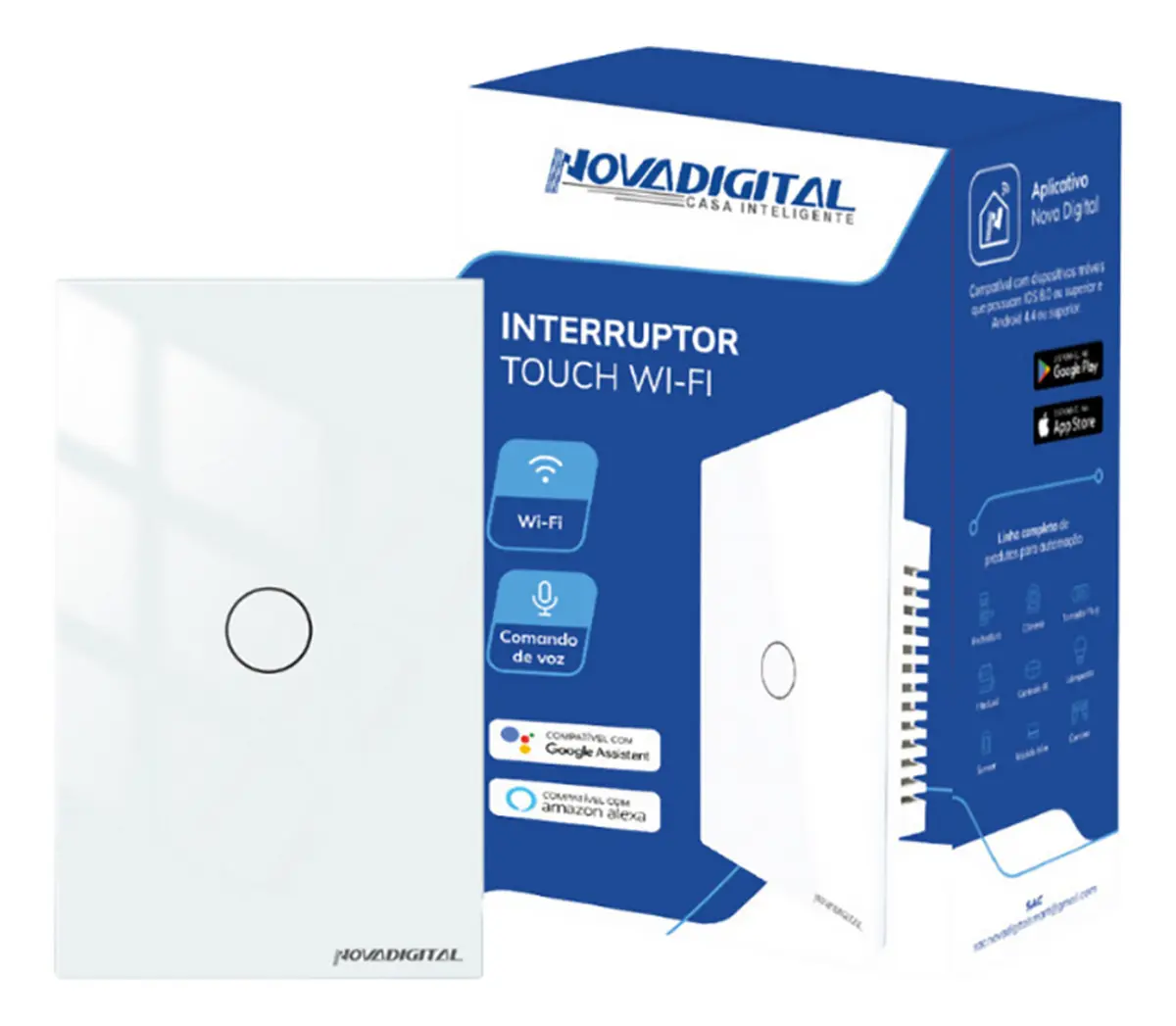 Interruptor Inteligente Wifi Novadigital 1 Tecla Botão Touch Tuya Smart Life Alexa Google 110v 220v Bivolt Branco