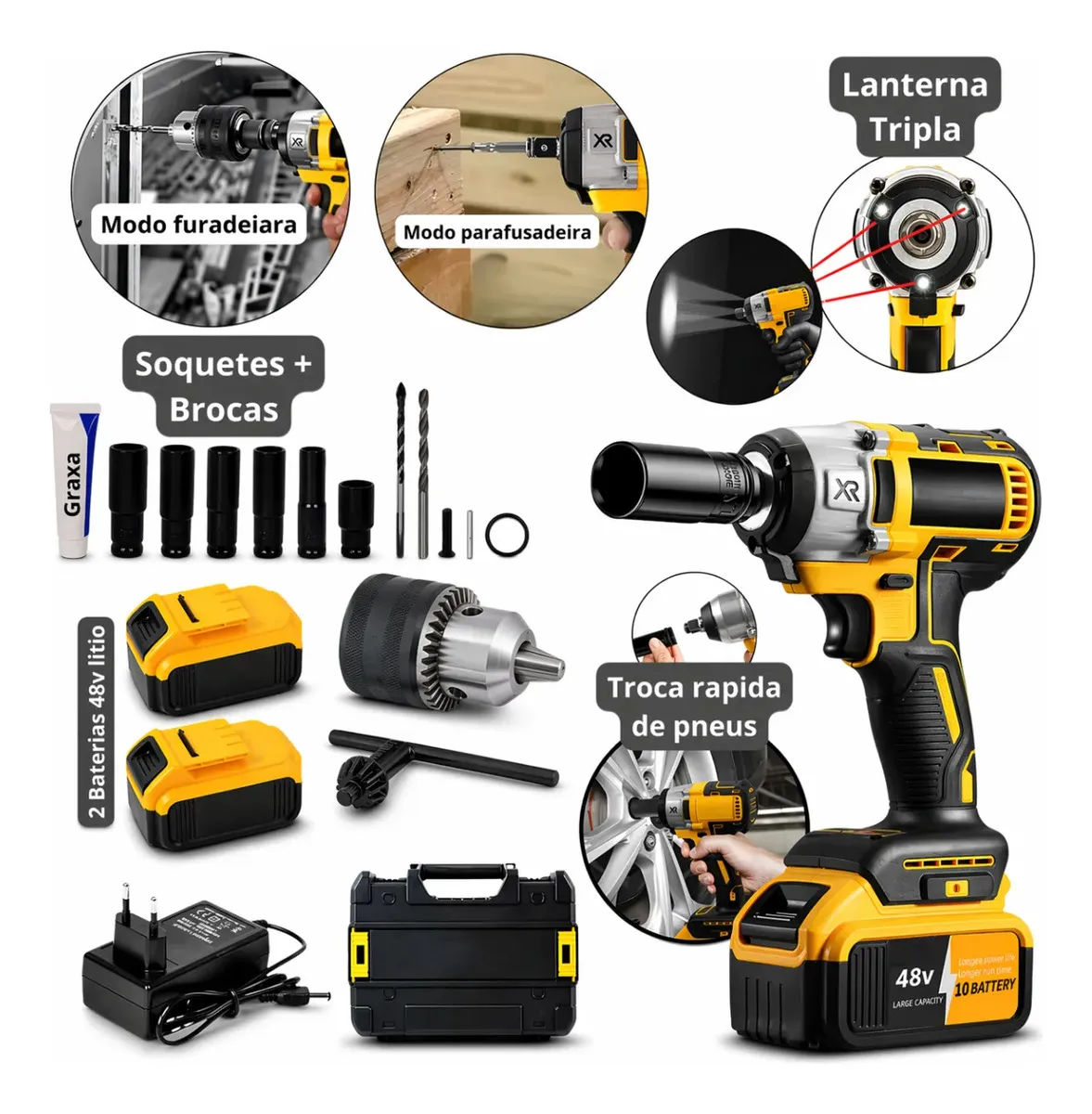 Chave De Impacto Com 2 Baterias Furadeira Parafusadeira Profissional Mandril 1,2 Quadrado Torque 440n.m 0-2400 Rpm... 48v 60hz Amarelo