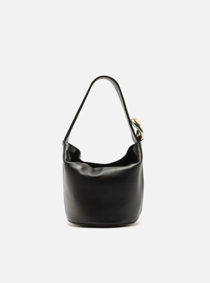 Bolsa Bucket Preta Pequena Alça Larga Couro Metais