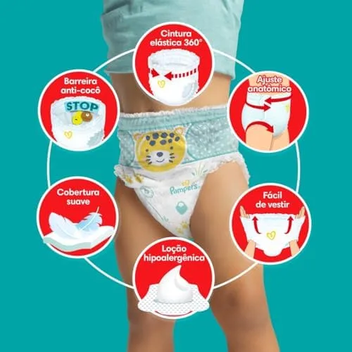 Fralda Descartável Pampers Pants Ajuste Total - Tamanho G, 144 Unidades - Fácil de vestir, Barreira Anti-Cocô Proteção de até Zero Vazamentos, Cobertura Suave com Loção Hipoalergênica para seu Bebê