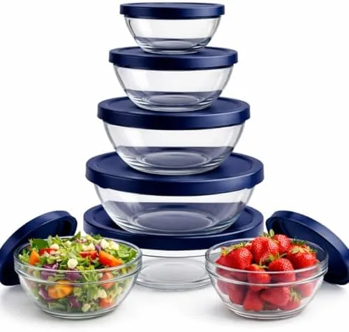 Kit Conjunto de 5 Potes de Vidro com Tampa de Plástico, Organizadores Multiuso para Cozinha, Armazenamento de Alimentos, Tijelas Redondas