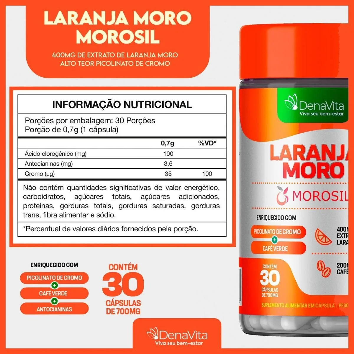 Kit 3x Pote de Extrato de Laranja Moro Cromo Café Verde 3x1 Vegano Denavita