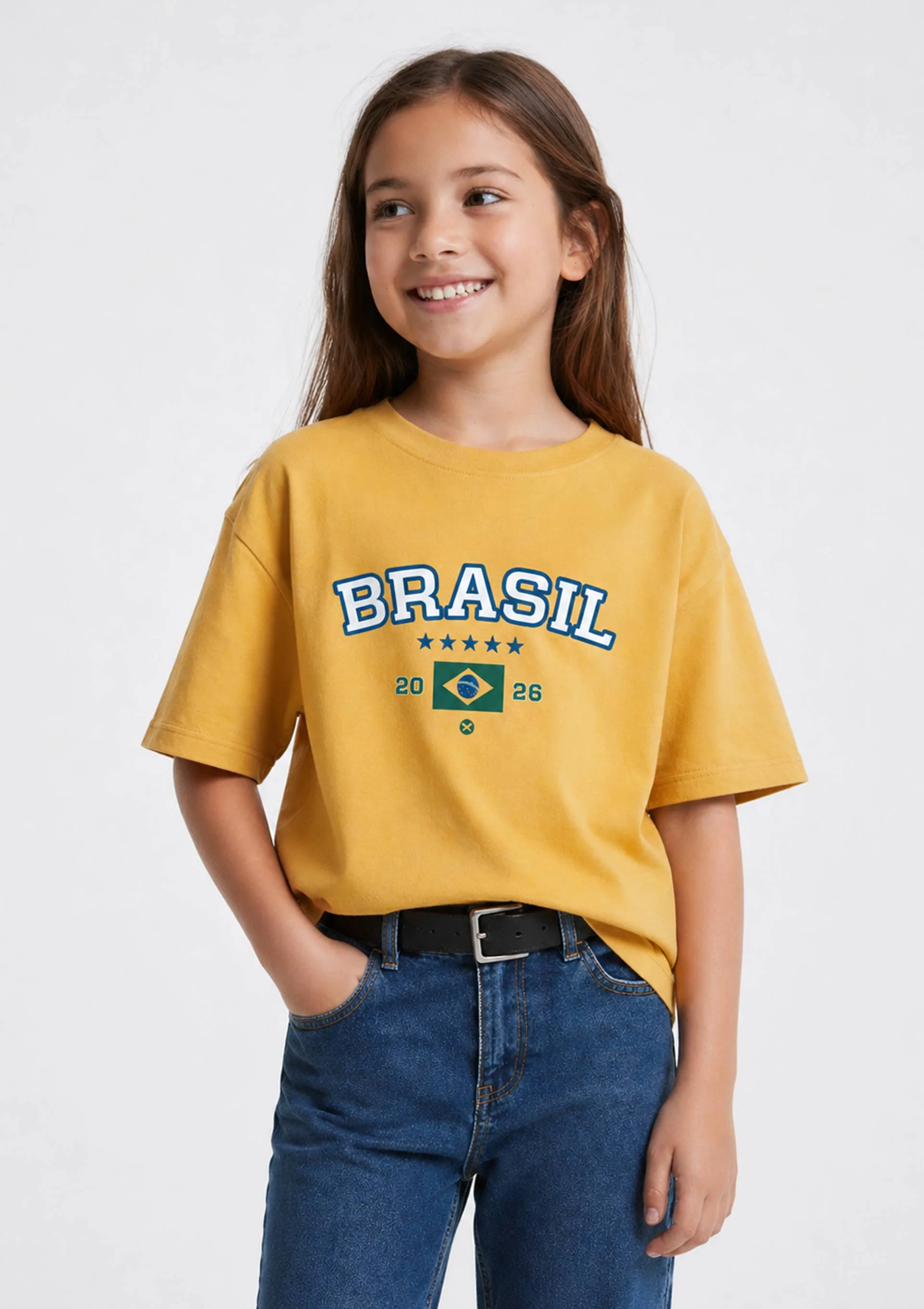 Camiseta Infantil Unissex Estampada Drop Brasil - Amarelo