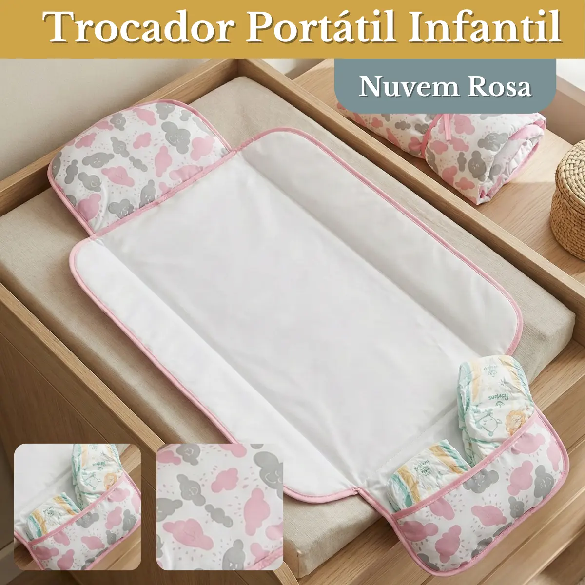 Trocador De Fralda Bebê Impermeável Dobrável Menina Macio Toque Suave Luxo Lindas Estampas Nuvem Rosa Rosa-claro