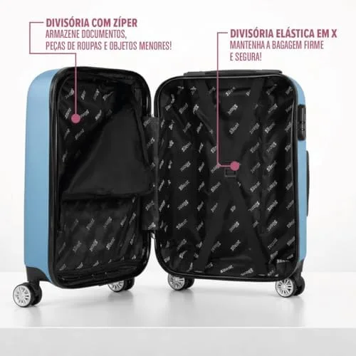 Kit Mala de Bordo Silent Ipanema + Frasqueira - Padrão ANAC | Rígida em ABS | 4 Rodas Duplas 360° | Cadeado Numérico Integrado | Leve e Resistente (Azul Candy)