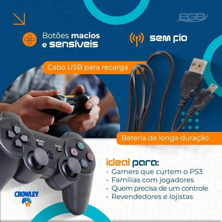 Controle Sem Fio Para Ps3 Joystick Manete Com Cabo Carregador - CROWLEY