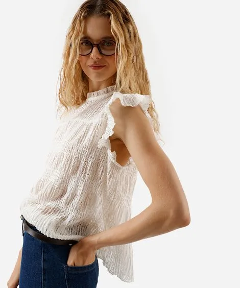 regata feminina com babados texturizada off white