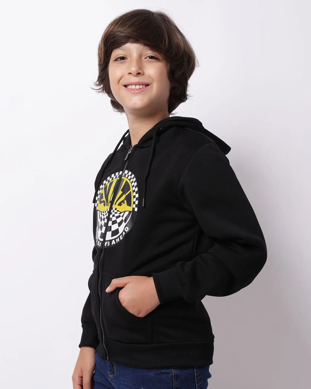 Jaqueta Moletom Juvenil com Estampa Bolsos Capuz Preta