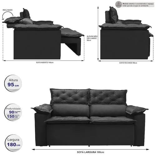 Sofá 3 Lugares Retrátil e Reclinável Cama inBox Compact 1,80m Velusoft Preto - Preto