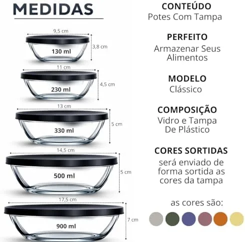 Kit Conjunto de 5 Potes de Vidro com Tampa de Plástico, Organizadores Multiuso para Cozinha, Armazenamento de Alimentos, Tijelas Redondas