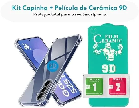 Kit Capinha Capa para Samsung Galaxy S25 FE Anti-Impacto Premium Transparente + Película de Cerâmica 9D – FD Acessórios.