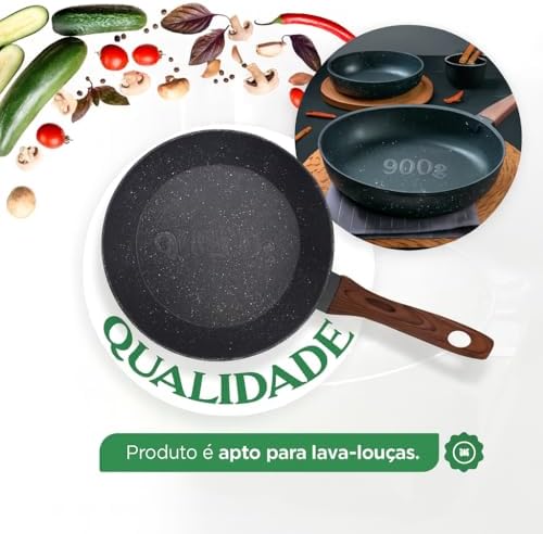Frigideira Grande 24cm Em Cerâmica Cabo De Madeira Fundo Indução Fogão a Gás Elétrico e Indução Saudável Frita Sem Usar Óleo Durável Premium