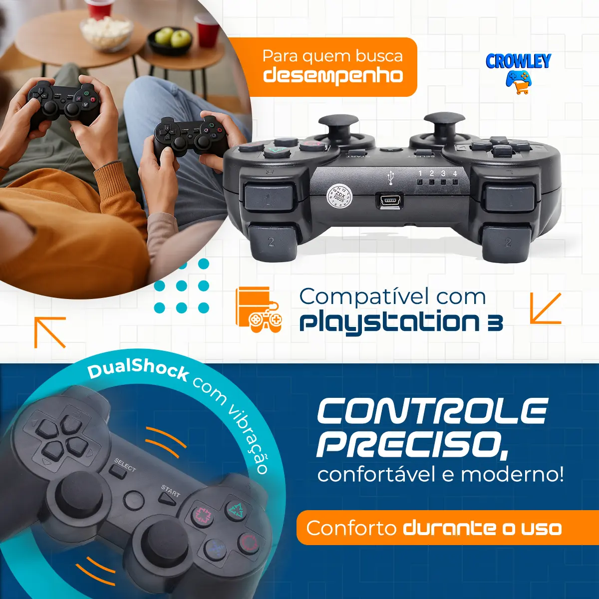 Kit 2 Controle Sem Fio Para Ps3 Joystick Manete Com Cabo Carregador - Crowley