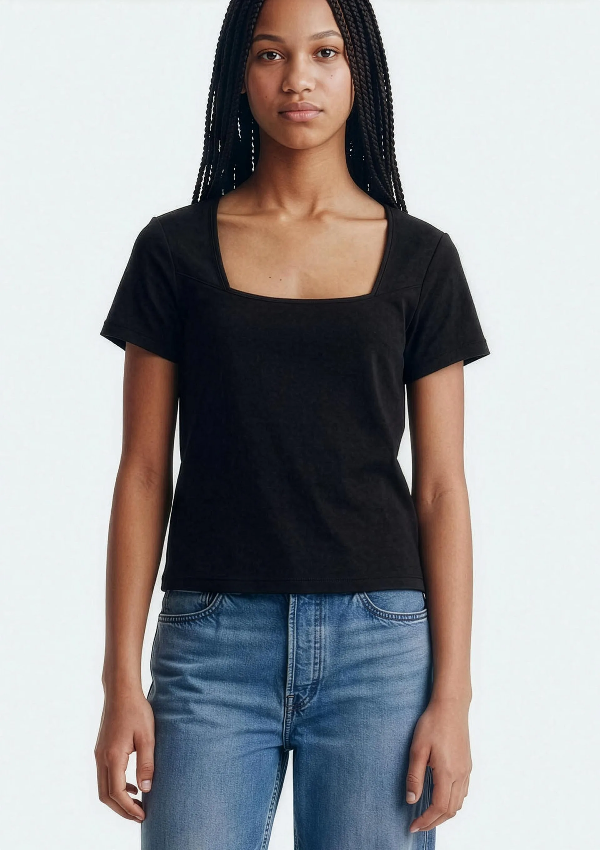 Blusa Teen Manga Curta Decote Quadrado - Preto