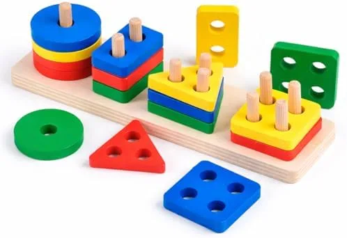 Brinquedo Educativo Encaixe Formas Geométricas Multicoloridas em Madeira MDF, Jogo Pedagógico Infantil 3+, 4 Colunas Premium