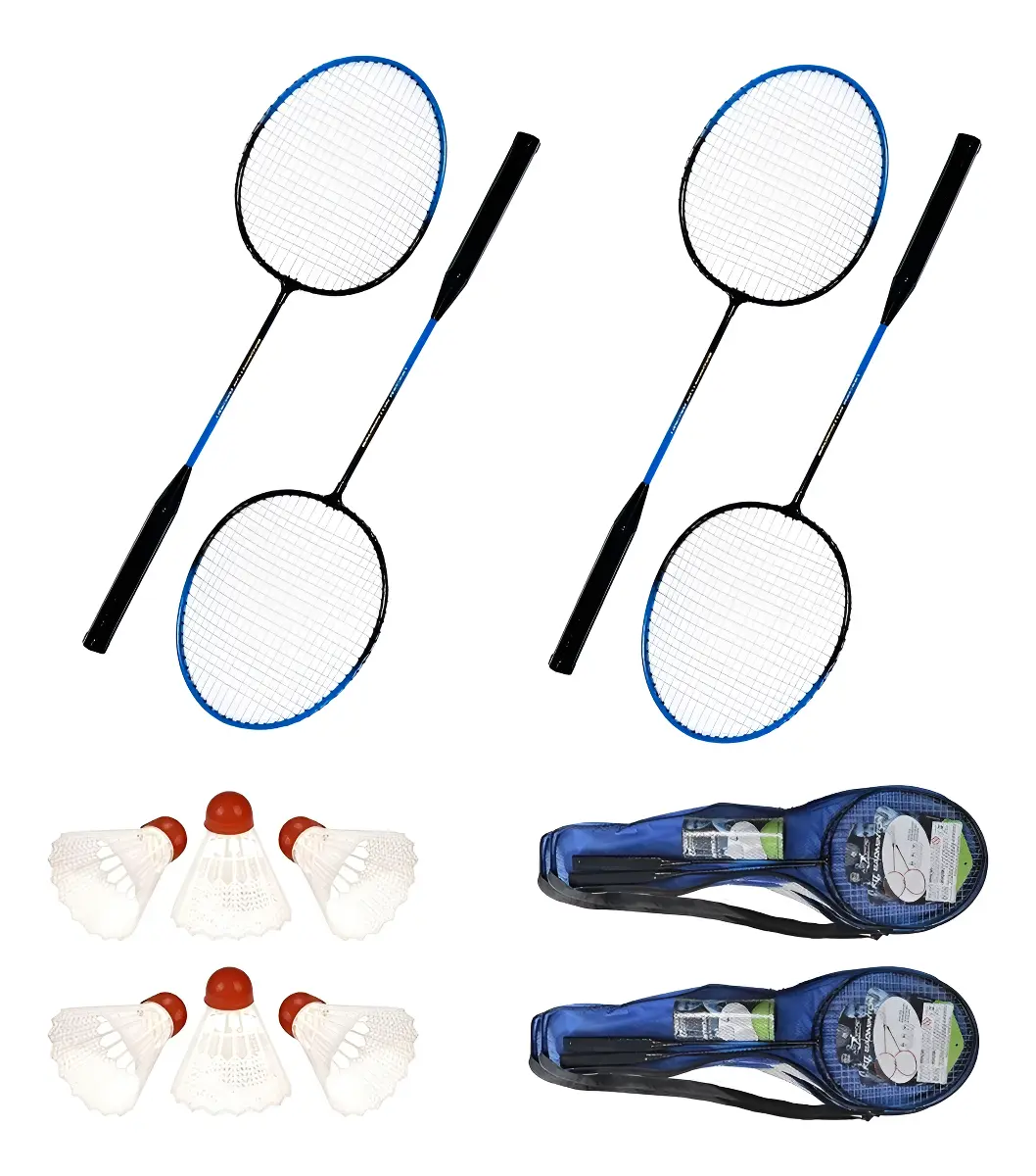 Kit Badminton 10 Peças 4 Raquetes 4 Petecas 2 Bolsas Esporte Bisbel
