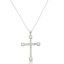 Gargantilha de Prata Malha Cadeado 45cm Cruz Trabalhada e Cravejada com Zircônia - GG25981